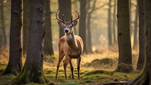 A curious deer standing in a woodland clearing, showcasing its alertness and natural beauty