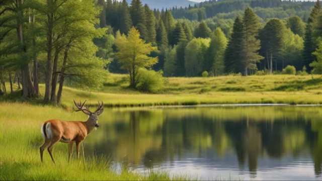 A diverse deer habitat with forests, meadows, and a water source, displaying deer grazing peacefully in their natural environment