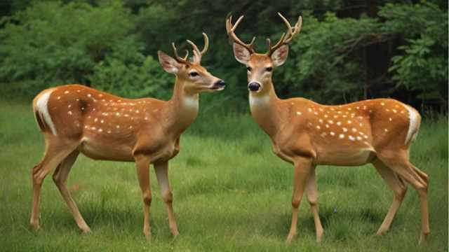 A group of deer grazing in a lush green meadow under sunlight, surrounded by trees, showcasing their natural habitat