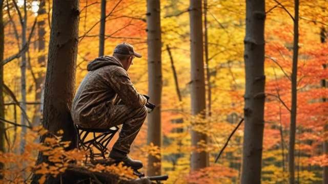 A hunter in a tree stand scanning the forest for deer during autumn, showcasing the strategic approach to deer hunting