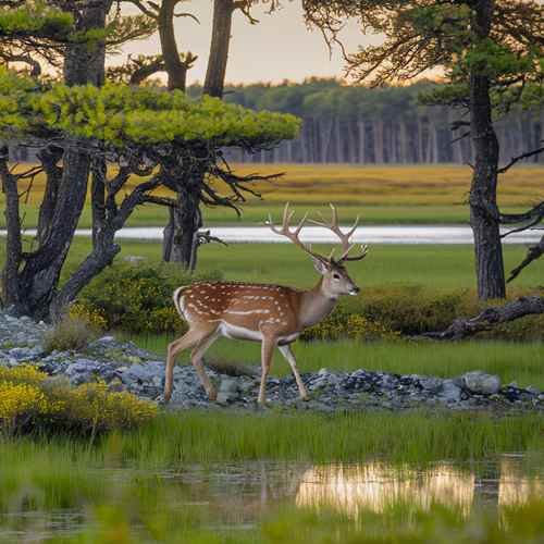 a sika deer gracefully moving through a marsh